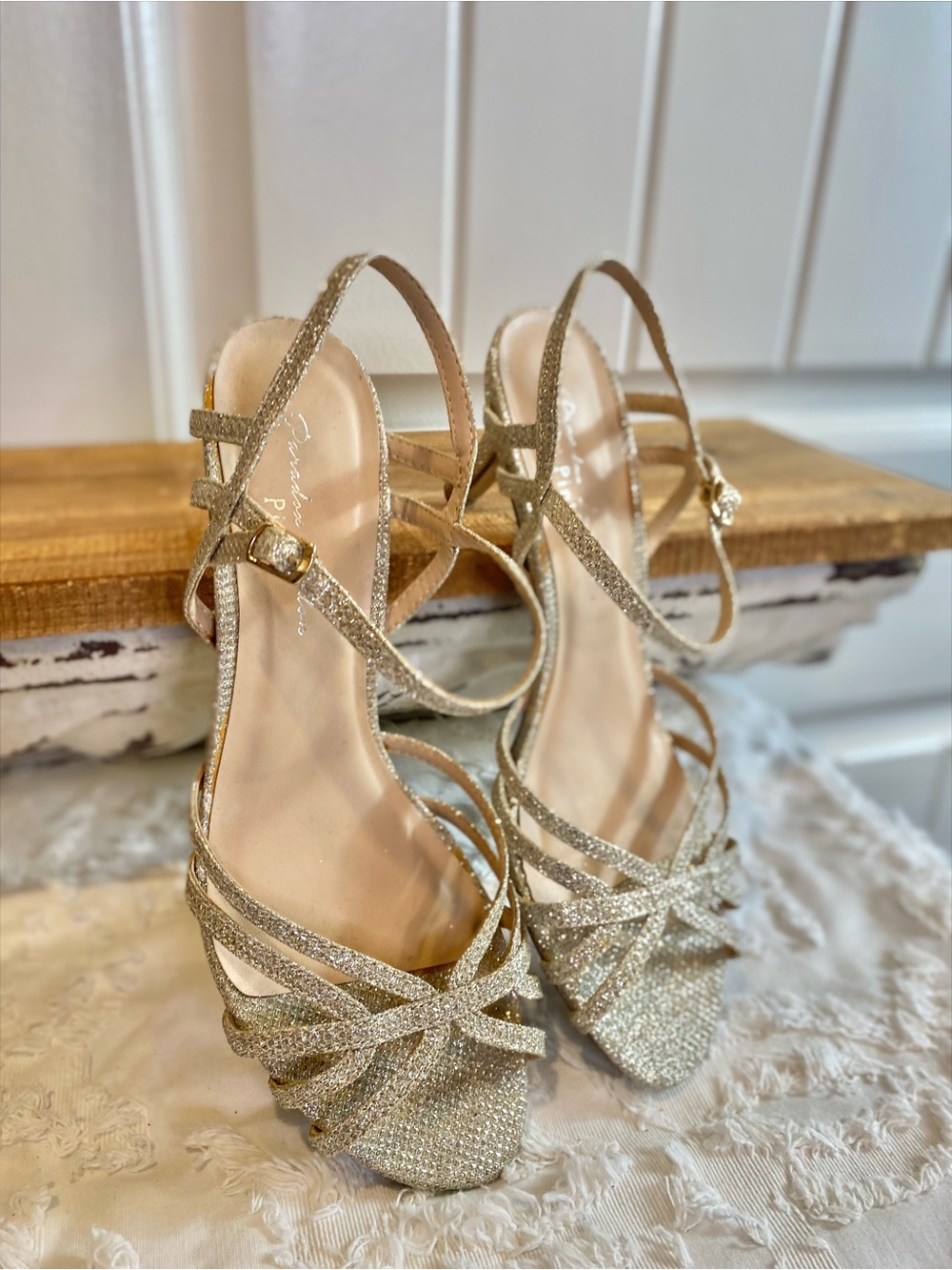 Paradox London Pink Glitter Strappy Low Heel Sandals in Gold